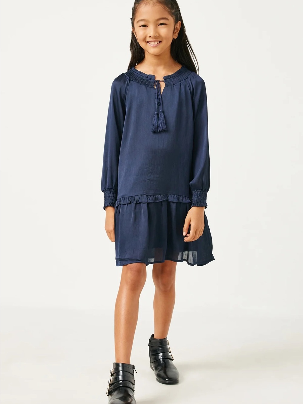 Hayden Girls Navy Long Sleeve Tassel Neck Ruffle Dress Size L